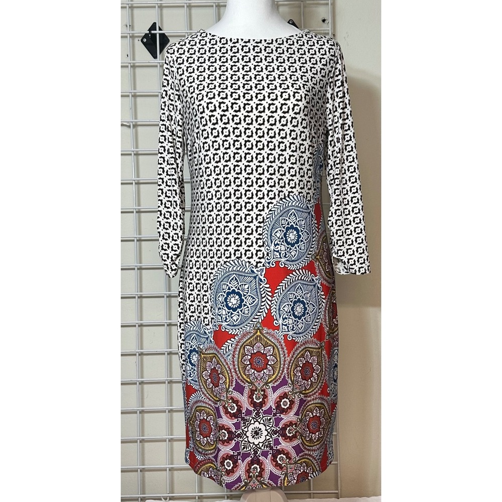 Chico's Sheath Dress 0P(U.S 4/6 petite)Geometric Medallion‎ Print 3/4 Sleeve